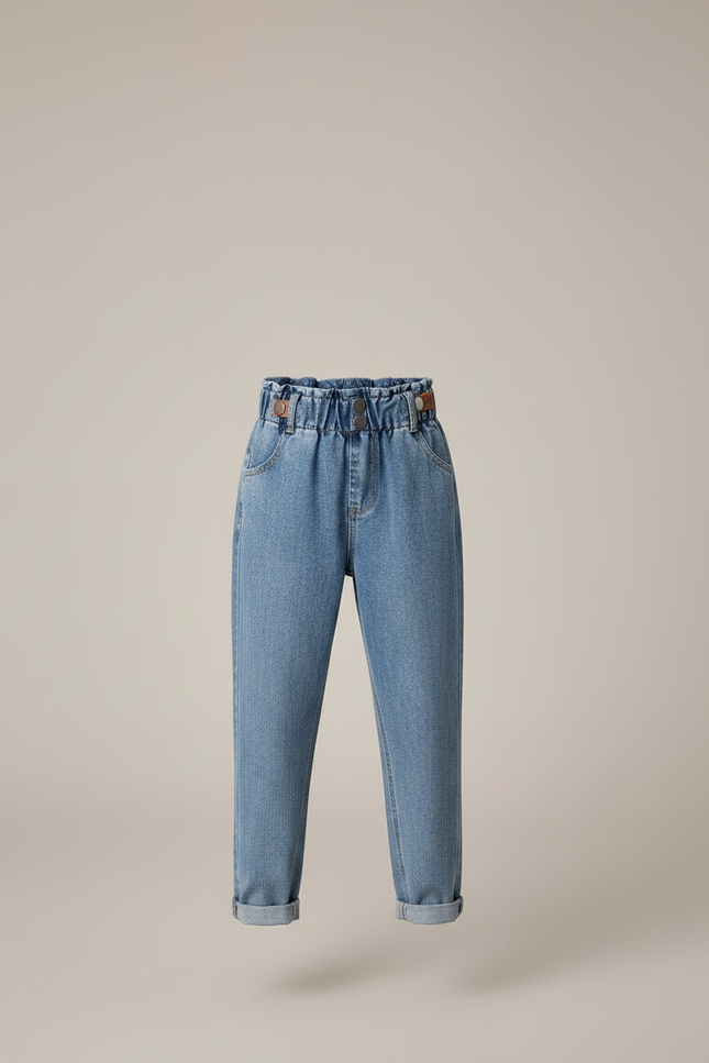 Pantalon À Pince Bleu Denim Taille Haute Fille - Jean - vue 3