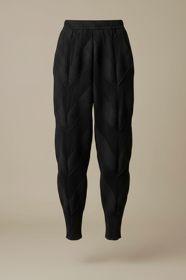 Pantalon À Pince Noir Plissé Sculptural Élastique Chevrons - Polyester - vue 3