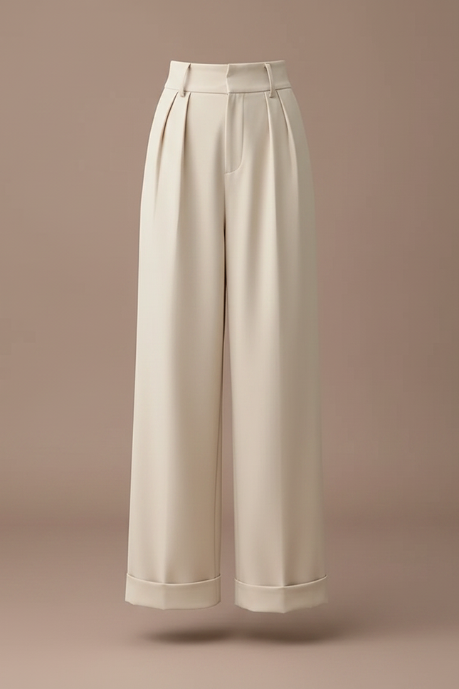 Pantalon À Pince Crème Ample Plissé Décontracté Élégant - Beige Polyester - vue 3