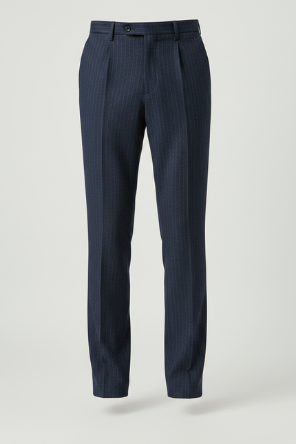 Pantalon À Pince Bleu Marine Rayé Droit Élégant Homme - Laine - vue 3