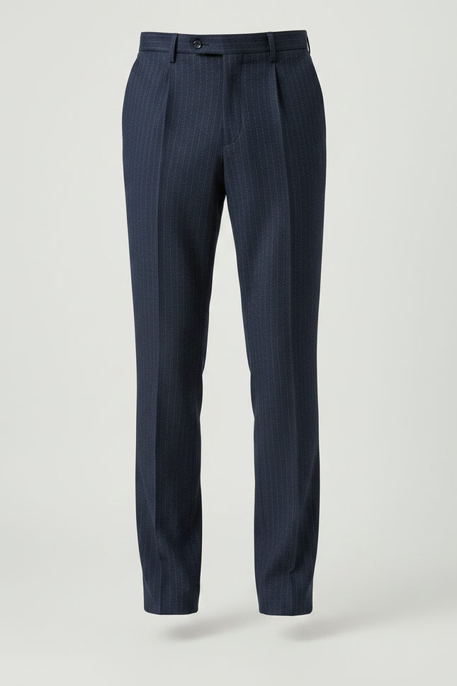 Pantalon À Pince Bleu Marine Rayé Droit Élégant Homme - Laine - vue 3