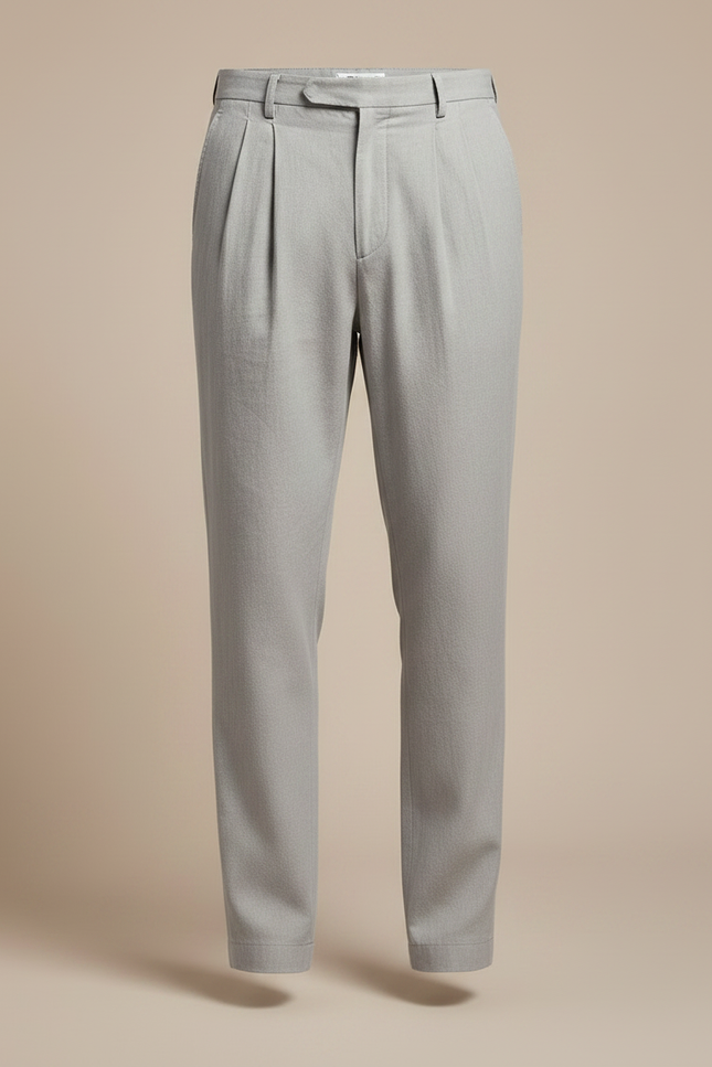 Pantalon À Pince Gris Clair Plissé Droit Coton Homme - Lin - vue 3