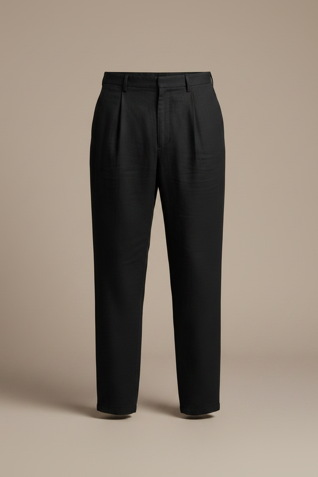 Pantalon À Pince Noir Lin Plissé Droit Homme - vue 3