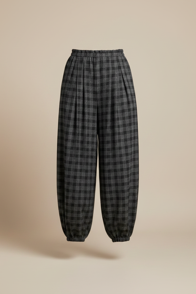 Pantalon À Pince Carreaux Plissé Ample Décontracté Élastique - Imprimé Laine - vue 3