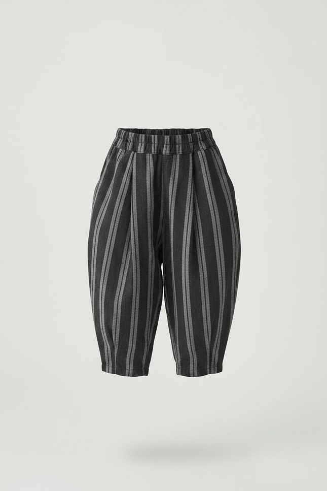 Pantalon À Pince Noir Rayé Coton Lin Ample - vue 3