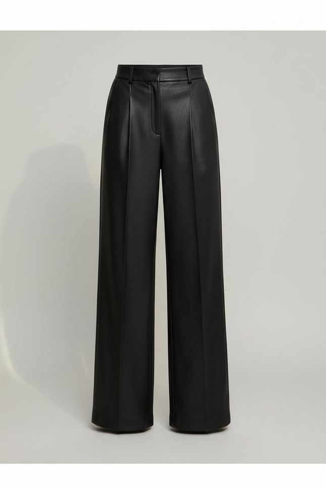 Pantalon À Pince Noir Similicuir Ample Large Élégant Femme - Simili cuir - vue 3