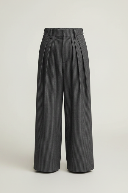 Pantalon À Pince Gris Rayé Ample Plissé Décontracté - Laine - vue 3