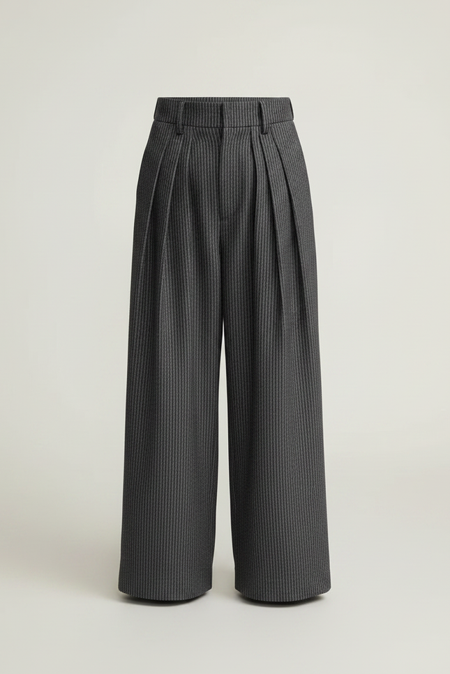 Pantalon À Pince Gris Rayé Ample Plissé Décontracté - Laine - vue 3
