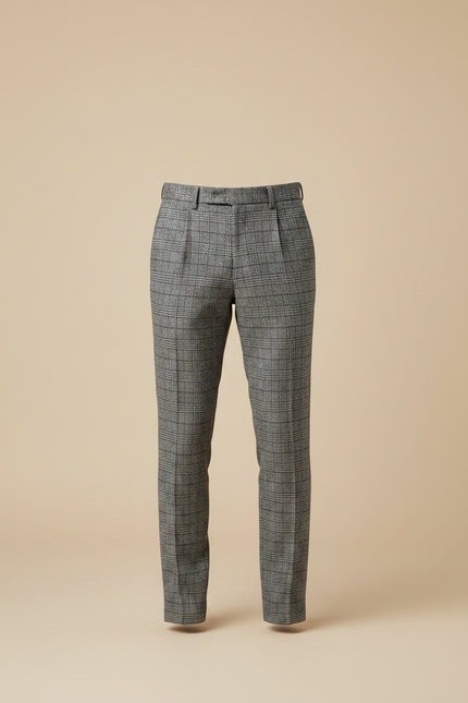 Pantalon À Pince Carreaux Gris Plissé Élégant Homme - Laine - vue 3