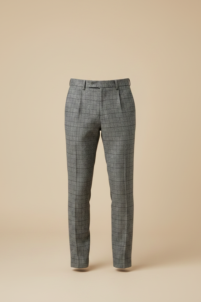 Pantalon À Pince Carreaux Gris Plissé Élégant Homme - Laine - vue 3