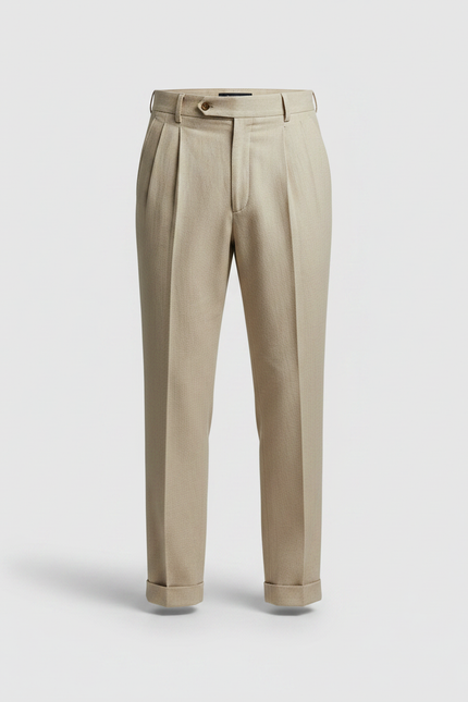 Pantalon À Pince Beige Plissé Coton Droit Élégant - vue 3