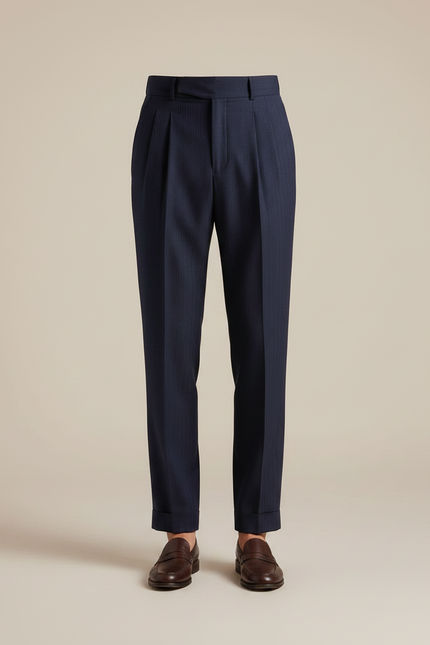 Pantalon À Pince Bleu Marine Rayé Plissé Élégant Homme - Laine - vue 3