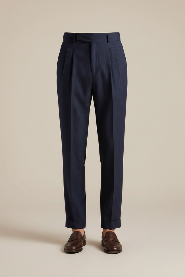 Pantalon À Pince Bleu Marine Rayé Plissé Élégant Homme - Laine - vue 3
