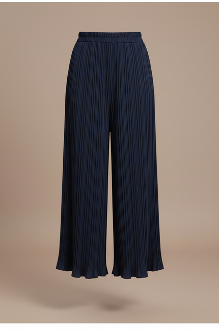 Pantalon À Pince Plissé Fluide Ample Bleu Marine - Polyester - vue 3