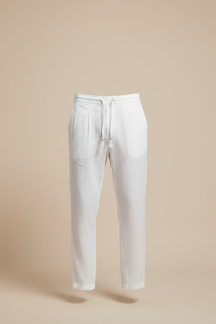 Pantalon À Pince Blanc Lin Droit Cordon Homme - vue 3