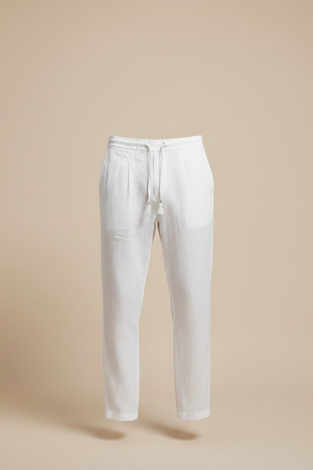 Pantalon À Pince Blanc Lin Droit Cordon Homme - vue 3