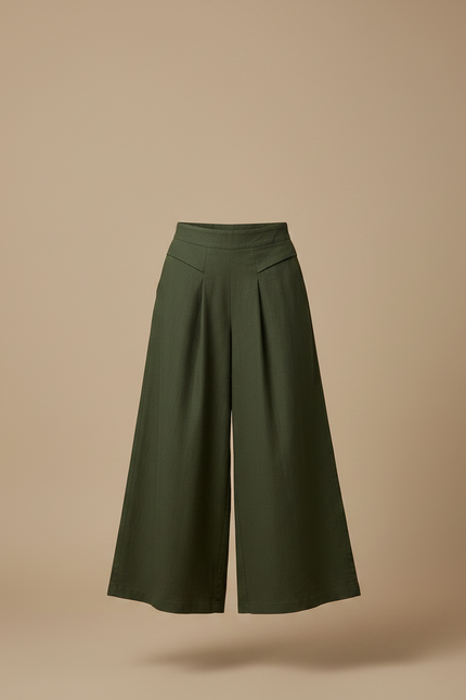 Pantalon À Pince Vert Ample Plissé Taille Haute Femme - Kaki Gabardine - vue 3