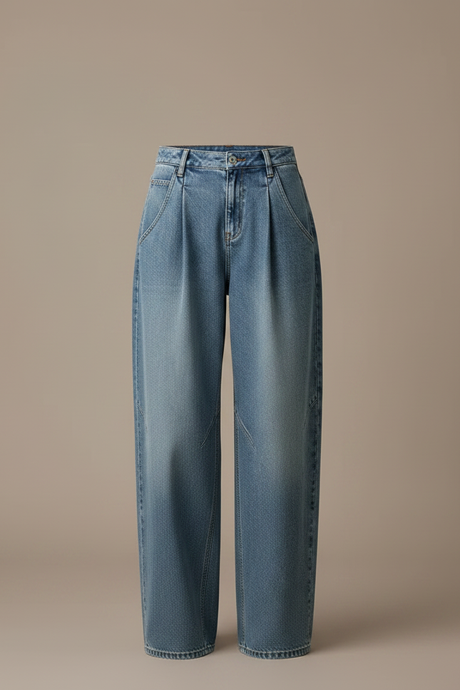 Pantalon À Pince Denim Bleu Ample Plissé Décontracté Femme - Jean - vue 3