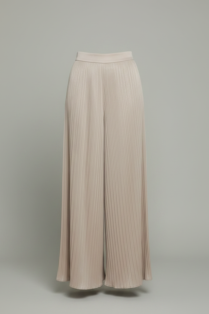 Pantalon À Pince Plissé Fluide Taille Haute Beige Femme - Satin - vue 3