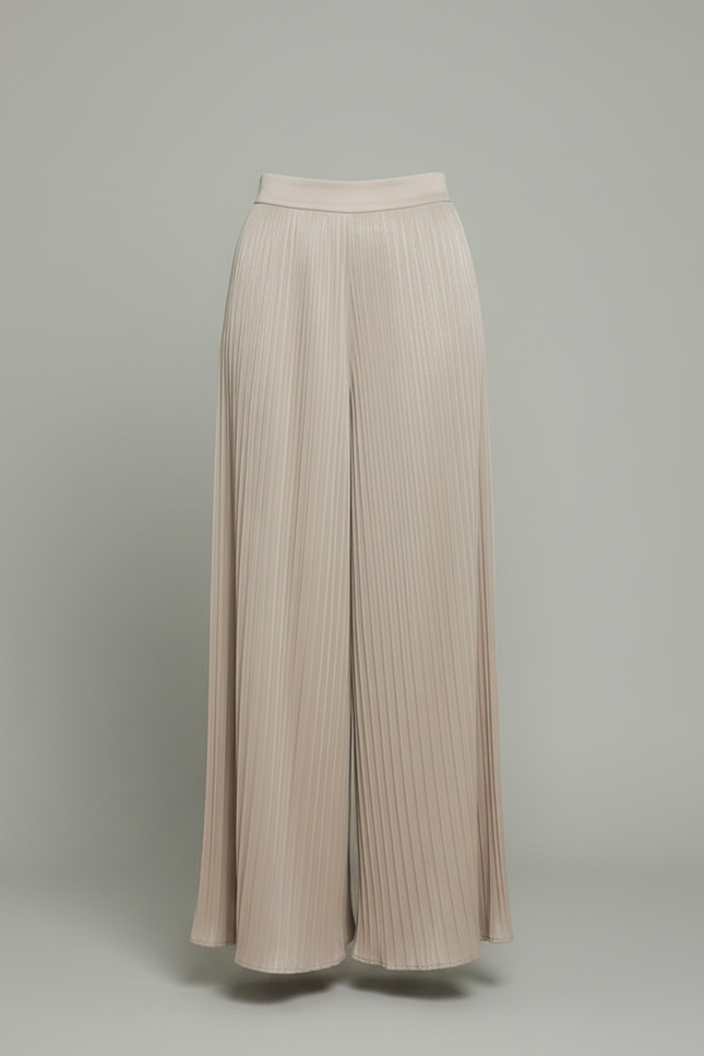 Pantalon À Pince Plissé Fluide Taille Haute Beige Femme - Satin - vue 3