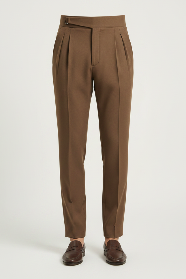 Pantalon À Pince Marron Plissé Laine Droit Élégant - vue 3
