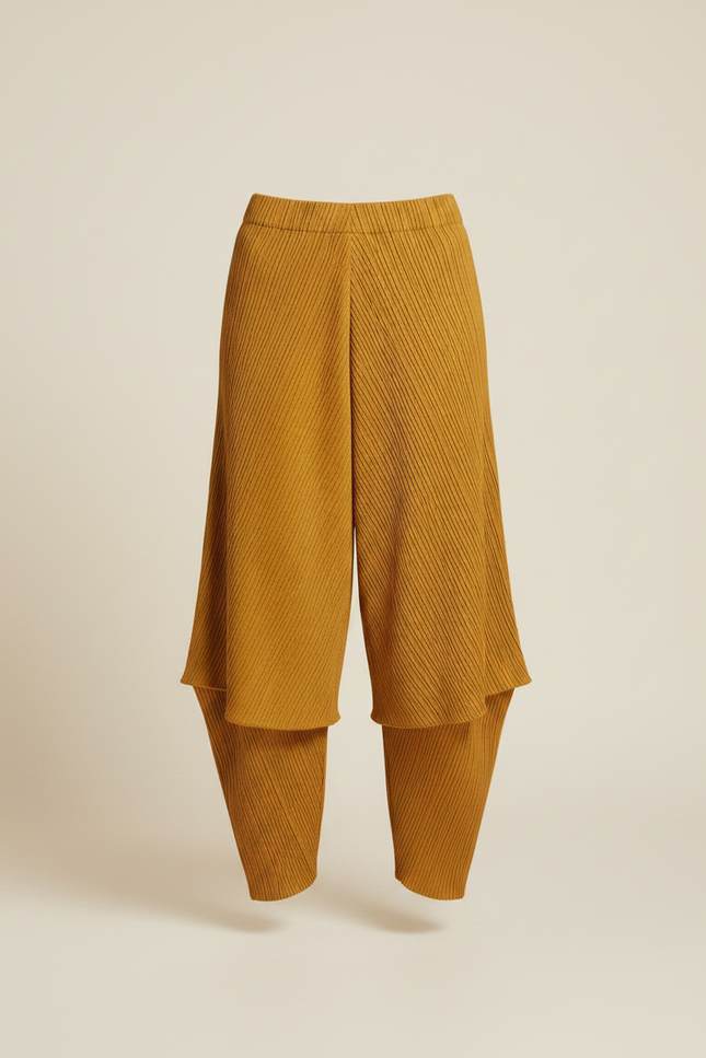 Pantalon À Pince Moutarde Plissé Fluide Décontracté Femme - Jaune Maille - vue 3