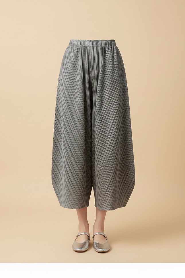 Pantalon À Pince Plissé Gris Ample Taille Haute Décontracté - Polyester - vue 3