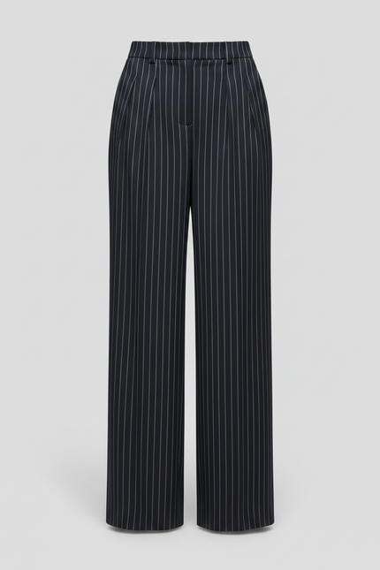 Pantalon À Pince Bleu Marine Rayé Ample Fluide Femme - Laine - vue 3