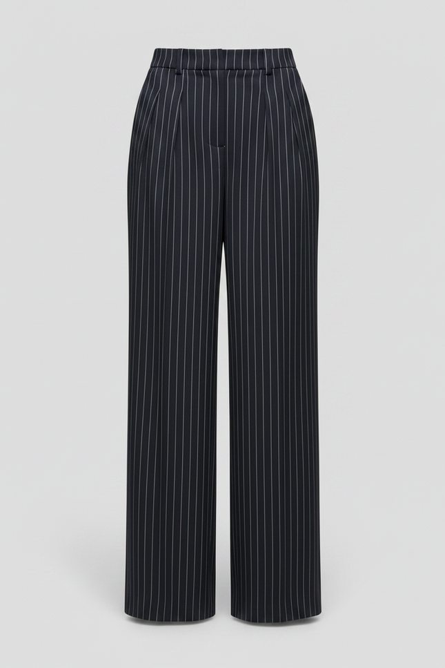Pantalon À Pince Bleu Marine Rayé Ample Fluide Femme - Laine - vue 3