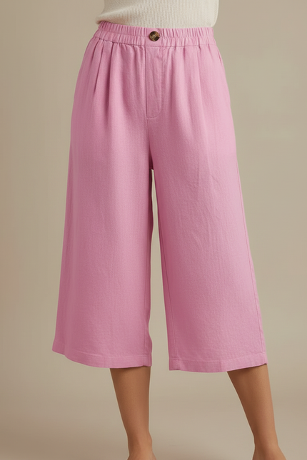 Pantalon À Pince Rose Coton Lin Ample Court Décontracté - vue 3
