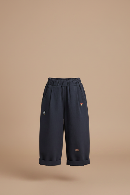 Pantalon À Pince Bleu Marine Brodé Décontracté Large - Cordé - vue 3