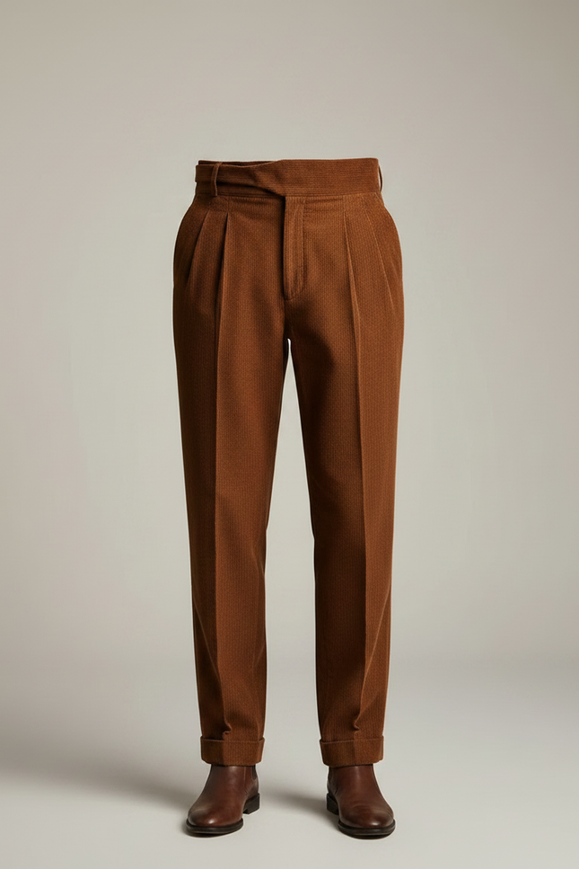 Pantalon À Pince Marron Côtelé Plissé Homme Élégant - Cordé - vue 3