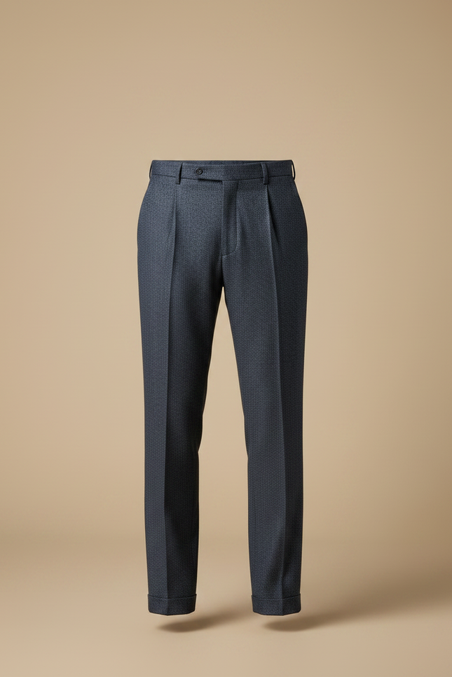 Pantalon À Pince Bleu Marine Plissé Motif Discret Homme - Laine - vue 3