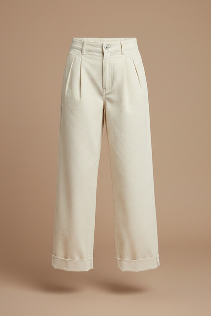 Pantalon À Pince Crème Ample Décontracté Coton Plissé - Blanc - vue 3