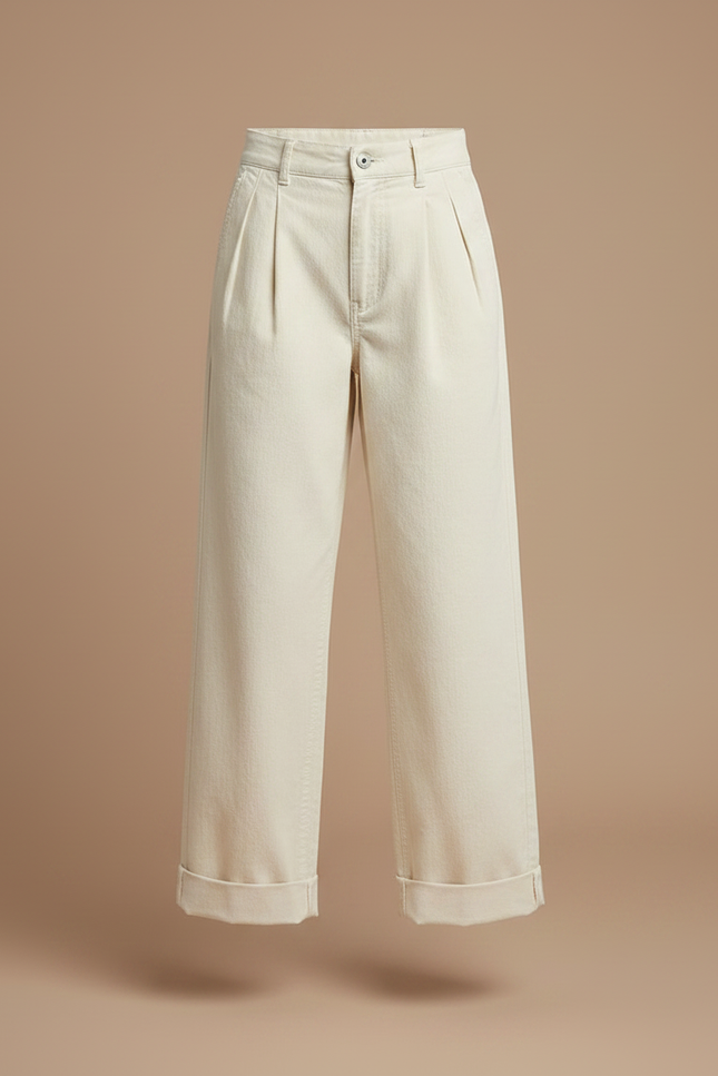Pantalon À Pince Crème Ample Décontracté Coton Plissé - Blanc - vue 3