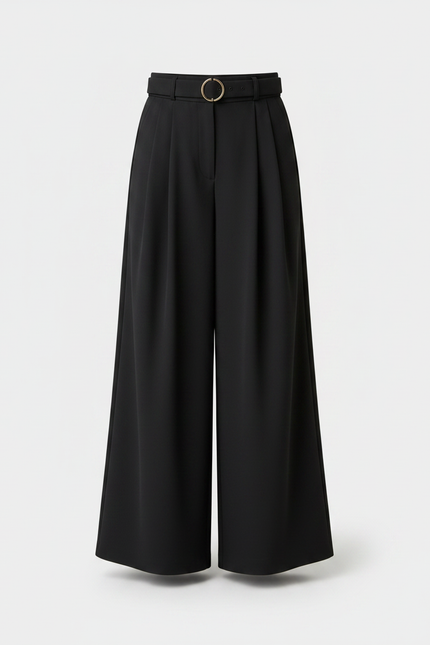 Pantalon À Pince Noir Ample Fluide Élégant Taille Haute - Polyester - vue 3