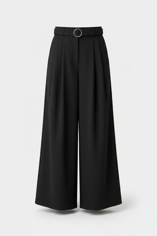 Pantalon À Pince Noir Ample Fluide Élégant Taille Haute - Polyester - vue 3