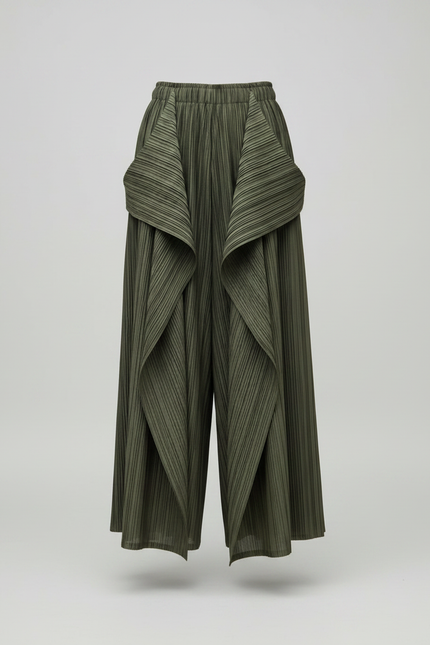 Pantalon À Pince Plissé Vert Kaki Irrégulier Fluide Femme - Polyester - vue 3