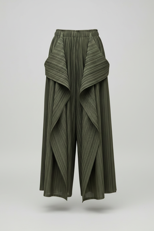Pantalon À Pince Plissé Vert Kaki Irrégulier Fluide Femme - Polyester - vue 3