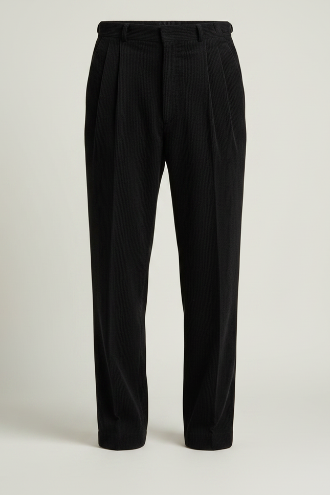 Pantalon À Pince Noir Côtelé Plissé Droit Formel Homme - Cordé - vue 3