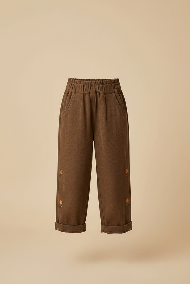 Pantalon À Pince Marron Brodé Fleur Ample Coton - Molleton - vue 3