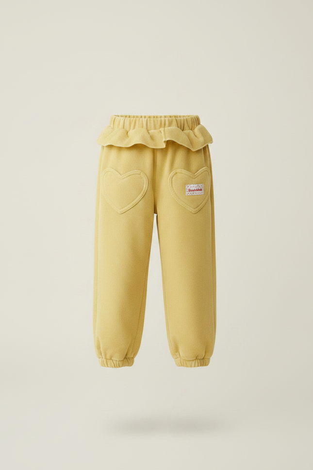 Pantalon À Pince Jaune Côtelé Cœurs Volants Enfant - Cordé - vue 3