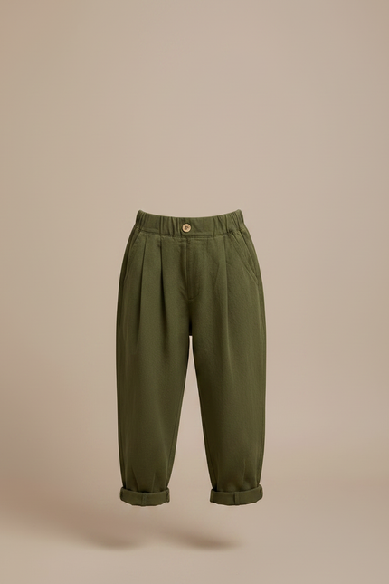 Pantalon À Pince Vert Ample Coton Enfant Décontracté - Kaki - vue 3