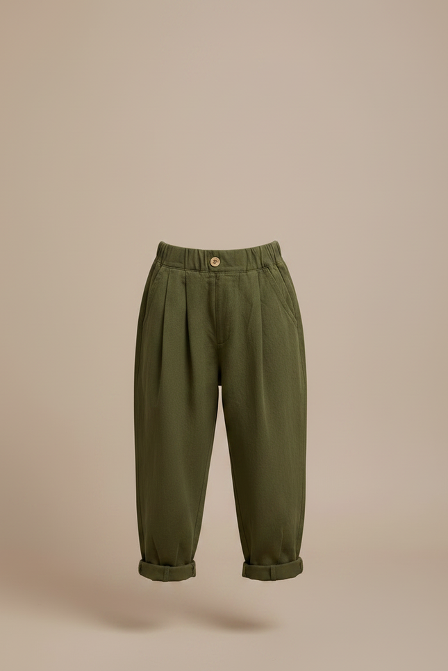 Pantalon À Pince Vert Ample Coton Enfant Décontracté - Kaki - vue 3