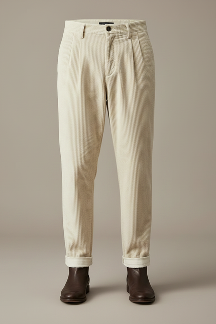 Pantalon À Pince Crème Côtelé Plissé Décontracté Homme - Beige Cordé - vue 3