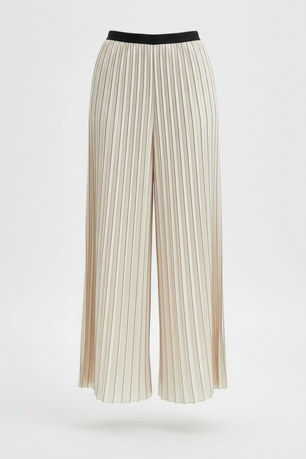 Pantalon À Pince Plissé Écru Rayé Fluide Élégant - Beige Satin - vue 3