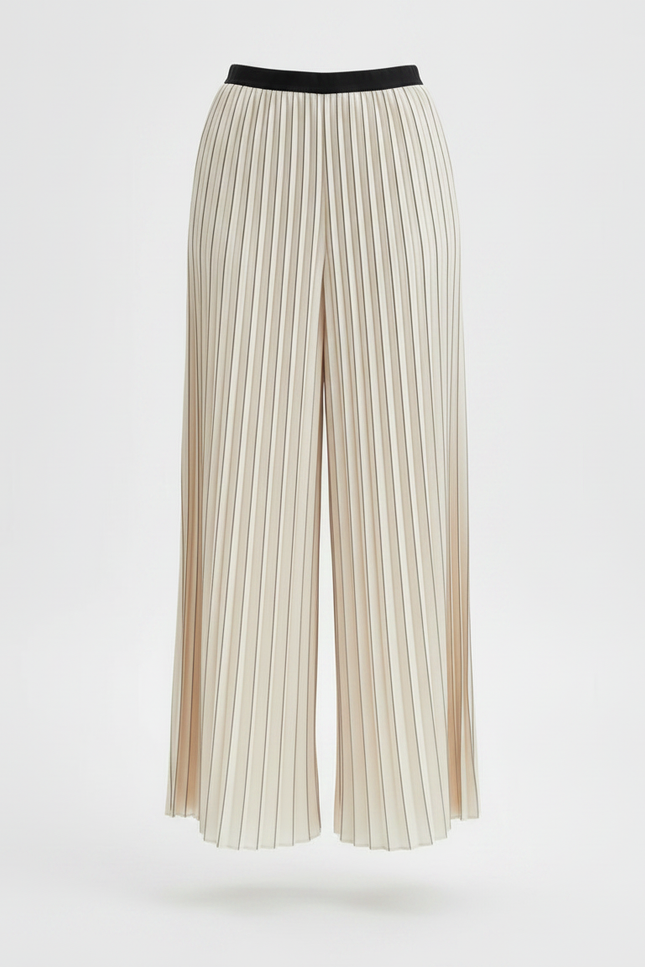 Pantalon À Pince Plissé Écru Rayé Fluide Élégant - Beige Satin - vue 3