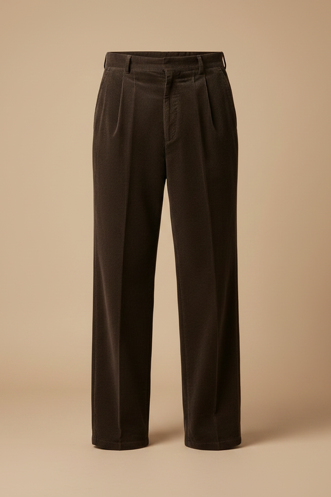 Pantalon À Pince Marron Côtelé Ample Plissé Homme - Cordé - vue 3
