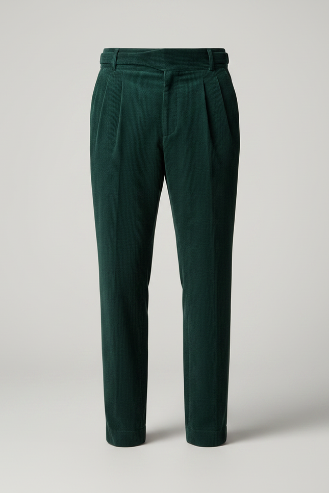 Pantalon À Pince Vert Côtelé Plissé Homme Droit - Cordé - vue 3