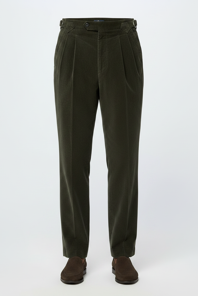 Pantalon À Pince Vert Côtelé Plissé Décontracté Homme - Cordé - vue 3